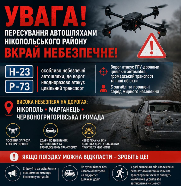 Увага! Пересування автошляхами Нікопольського району залишається вкрай небезпечним